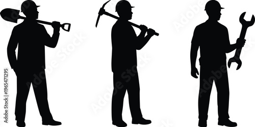 Construction worker silhouettes with shovel pickaxe wrench standing poses builder men vector illustration isolated professional labor characters set collection