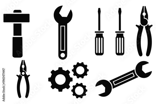 Set of construction tools icons, including hammer, wrench, screwdriver, pliers and gears