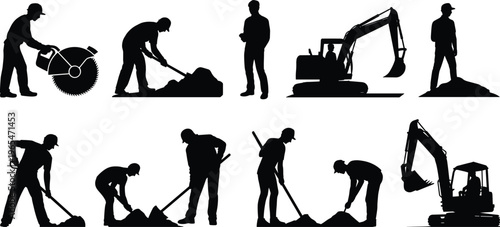 Construction workers and excavator silhouettes digging shoveling cutting machine labor black figures vector illustration set isolated activities collection