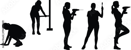 Female worker silhouettes with drill screwdriver kneeling fixing poses women vector illustration isolated professional maintenance repair activity set collection