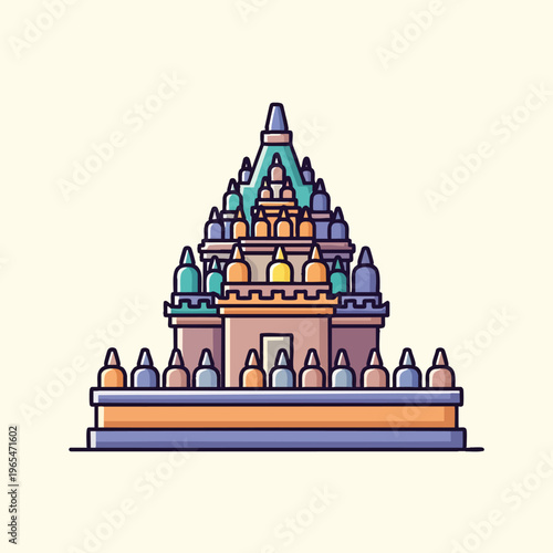 An illustrated depiction of an ancient structure with tiers and multiple levels, in a cartoon style, against a neutral background