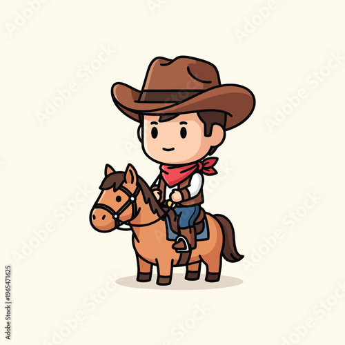 Cartoon illustration featuring a cowboy with a hat, a red neckerchief, and blue jeans riding a brown horse. A saddle and stirrups are also present