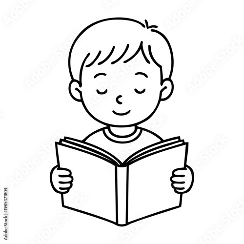 Dibujo sencillo con líneas de un niño leyendo un libro, visto de frente