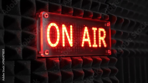 A vivid on air sign glows with bold red letters, creating a striking contrast against the dark textured backdrop of an acoustically designed studio, capturing the essence of live broadcasting.