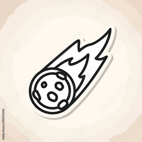 Black and white illustration of a celestial body with impact craters trailing flames across a brushstroke-textured background