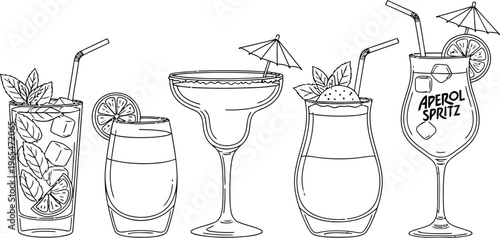 Collection of five distinct hand drawn cocktail glasses decorated with garnishes straws and ice for bar menu design