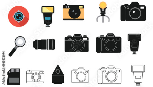 Set of photography equipment icons including cameras, lenses, flash units, memory card, and tripod