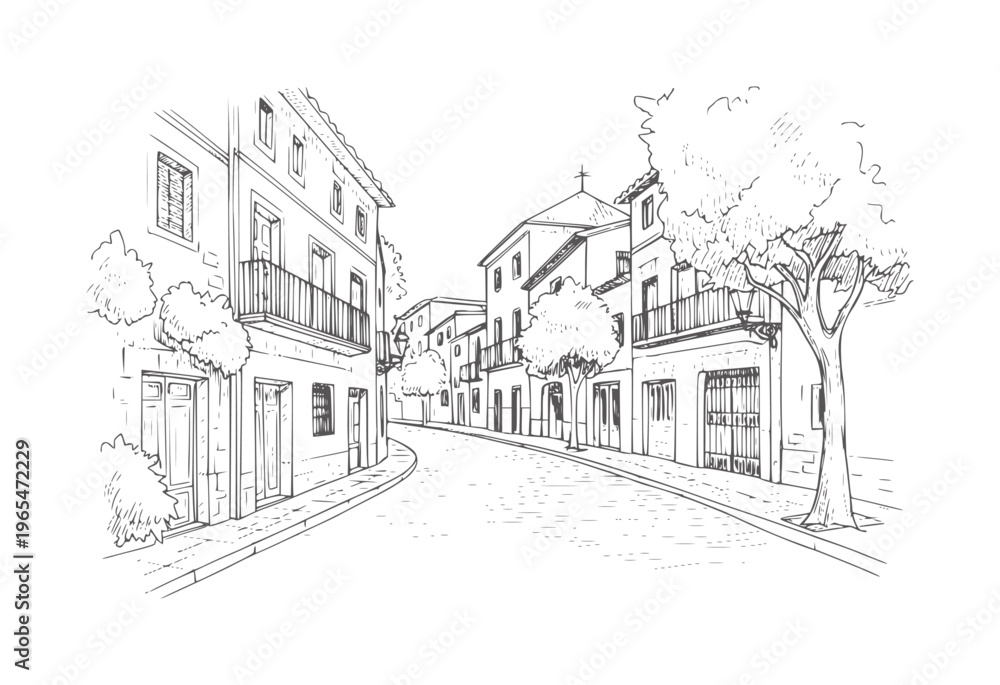 Obraz premium Hand drawn of a European street with buildings and trees architecture house