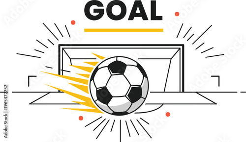 Soccer ball scoring goal into net with motion lines minimal vector illustration football concept sport success graphic design element