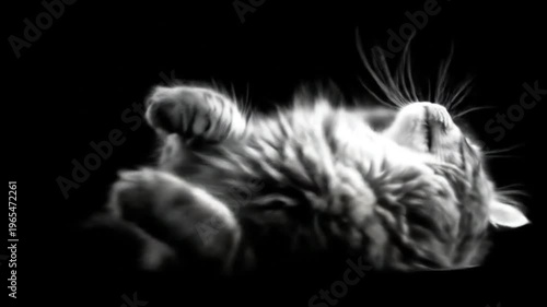 Cat lying down isolated on black background monochrome artistic concept
