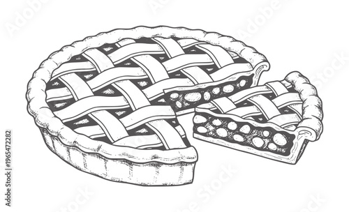 Hand drawn of a fruit pie with a slice removed dessert pastry baking