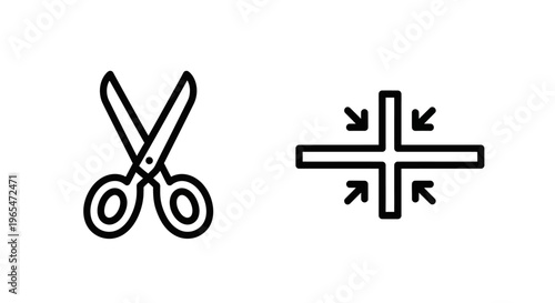 Simple line art icons for scissors and compress symbol, isolated on white background for graphic design, pair of scissors