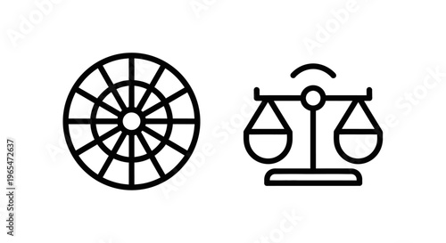 Dartboard icon and balance scales icon representing strategy, decision making, choice, and justice