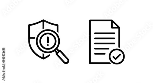 Security shield with magnifying glass icon and document with checkmark icon for cybersecurity, verification, and compliance