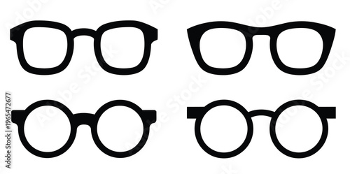 Glasses, icon set featuring black eyeglasses symbols, vision and eyewear concept, modern flat vector illustration collection for fashion, optical, apps, websites, and digital design