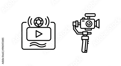Player icon with play button and waves, and gimbal stabilizer icon for production and filming, video player, camera gear