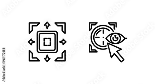 Motion tracking square icon and eye tracking tool icon with cursor, representing visual effects and analysis