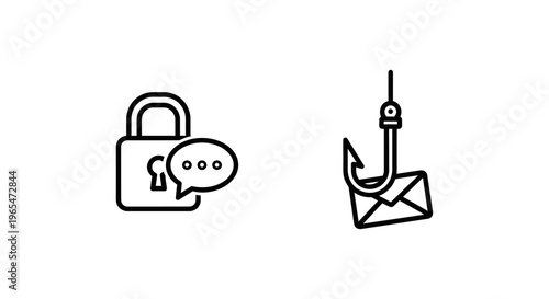Cybersecurity icons: social engineering with lock and speech bubble, phishing simulation with hook and envelope, vector illustration for security concepts
