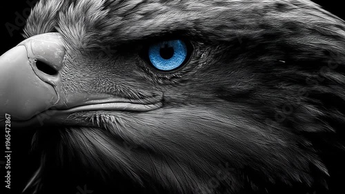 Close up of an eagle head with bright blue eyes and detailed feathers