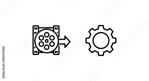Export settings icon and film reel icon, vector graphics representing production workflow and configuration, line art