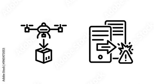 Drone payload delivery icon and exploit delivery icon, modern vector graphics representing logistics and cyber security threats, line art