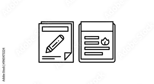 Preview icon pack: document with pencil and paper for writing or planning, and presaw document with fire symbol for safety or warning, line art, user interface