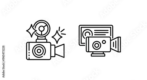 Effects icons: camera and recorder symbols with sparkles for media production and digital content creation with video effects with camera icon with line art with user interface with play button