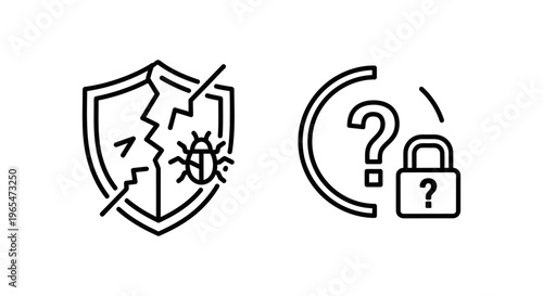 Cybersecurity icons: cracked shield with bug for zero-day exploit and question mark in circle with padlock for unknown vulnerability with exploit icon with line art with data breach with danger sign