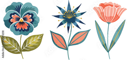 Set Of Three Stylized Folk Art Floral Vector Illustrations With Teal Pansy Blue Starflower And Pink Tulip For Whimsical Nature Decor