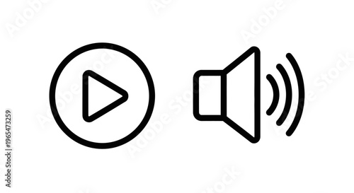 Audio and play icons: circle with triangle play button and speaker icon indicating sound volume and media playback with line art with user interface with sound wave