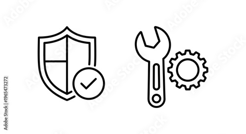 Cybersecurity icons: secure configuration shield and tool for hardening guide, technology safety concept