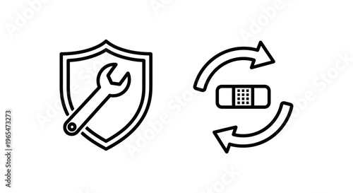 Patch management icons: shield with wrench for security patching and arrows with bandage for fix deployment and software updates with security icon with software update with line art with bug fix