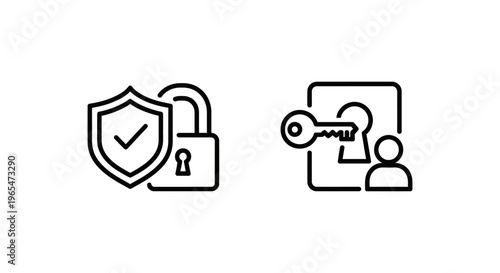 Access control and authorization check icons: shield with padlock and key in doorway, user authentication concept