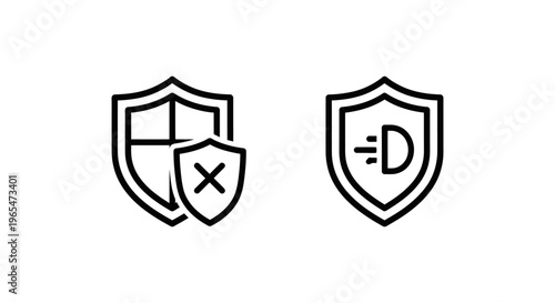 Cybersecurity icons: shield with x for blue team response and shield with lightning bolt for defense action