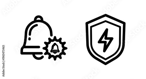 Notification bell and security shield with lightning bolt icons, representing alerts and protection concepts, clean line art vector graphics