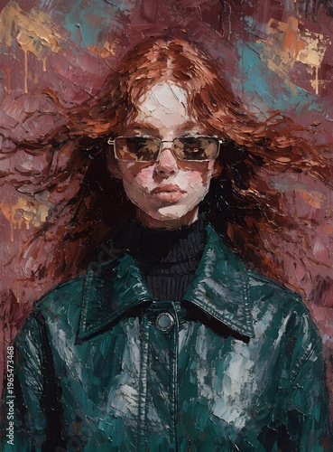 Young Redhead Woman in Green Leather Jacket Moody Fashion Portrait