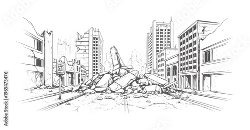 Ruined city street with debris and damaged buildings in monochrome style destruction