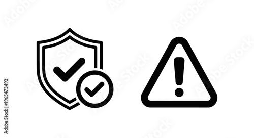 Security alert and threat notification icons, representing warnings and potential dangers, checkmark on shield for security, exclamation mark in triangle for alert, line art