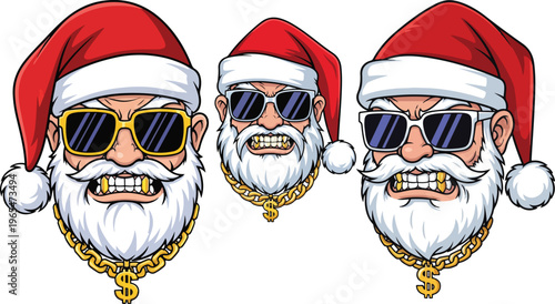 Cool Santa Claus vector set with sunglasses and gold chains, hip hop style Christmas character collection, gangsta Santa with grillz and dollar sign jewelry