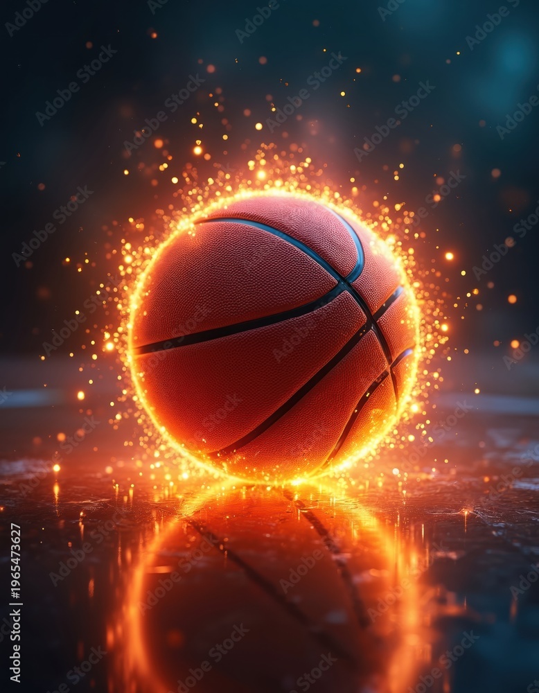 Obraz premium Basketball radiates intense orange fire and bright sparks on dark wet court surface. Glowing ball reflects on wet floor, creating energetic motion effect. Fantasy sports concept art.