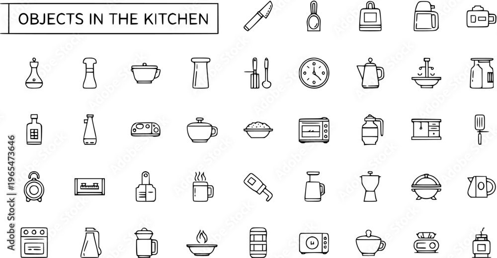 Fototapeta premium Kitchen Objects Line Icons Set: Utensils, Appliances, Cookware, and Dining Items
