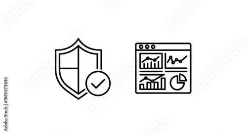 Security shield with checkmark and dashboard analytics icons for data protection and reporting