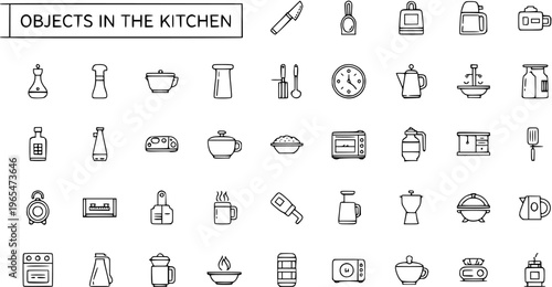 Kitchen Objects Line Icons Set: Utensils, Appliances, Cookware, and Dining Items