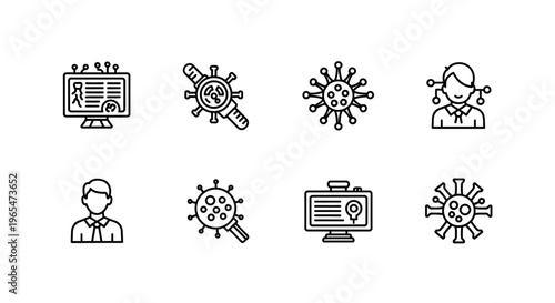 Medical research icons: virus, microscope, patient id, person, and analysis data