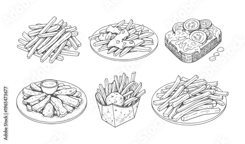 Six hand drawn of french fries and other potato dishes food plate