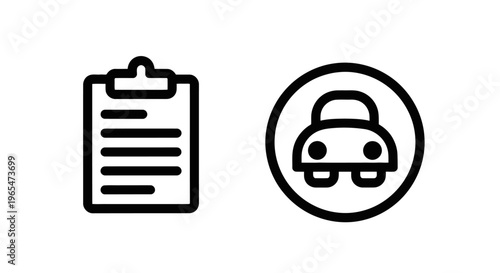 Car inspection report clipboard and vehicle icon simple line art graphic