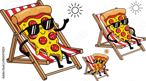 Funny pizza slice cartoon character sunbathing on a beach chair, cool pepperoni pizza wearing sunglasses, summer vacation food vector illustration