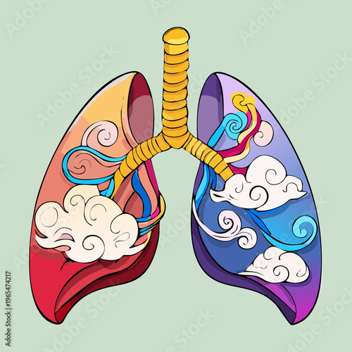 Vibrant human lungs design with colorful sky and sun patterns inside representing the importance of sunlight and air for respiratory wellness