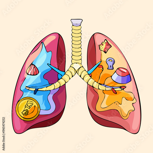 Creative lungs illustration containing various household and urban objects representing the impact of domestic environment on human respiratory health and breathing