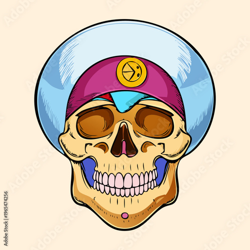 Front view of a human skull wearing a blue and yellow cap with colorful patterns inside the cranium representing brain thoughts